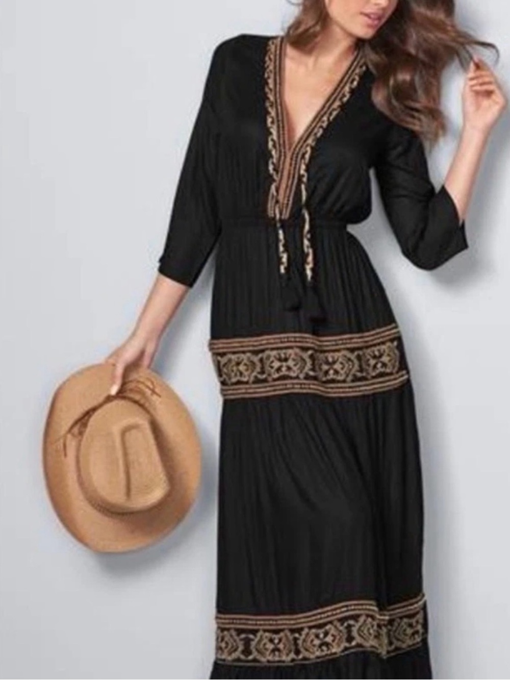 Black Embroidered bohemian V-Neck Maxi Dress